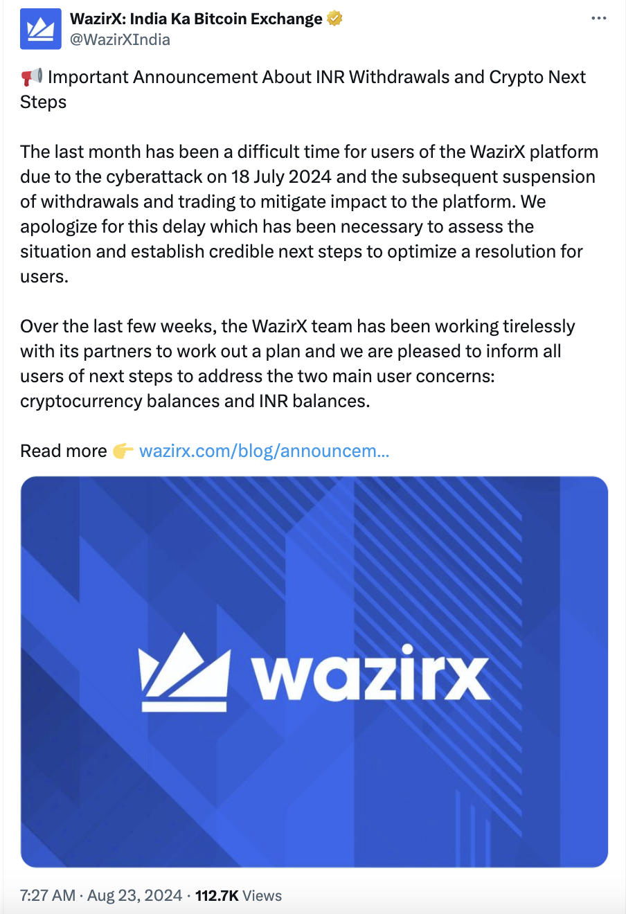 WazirX announces INR withdrawals will resume on Aug. 26